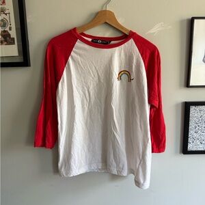 Daisy Street Red and White Raglan Long Sleeve Tees with rainbow cat design